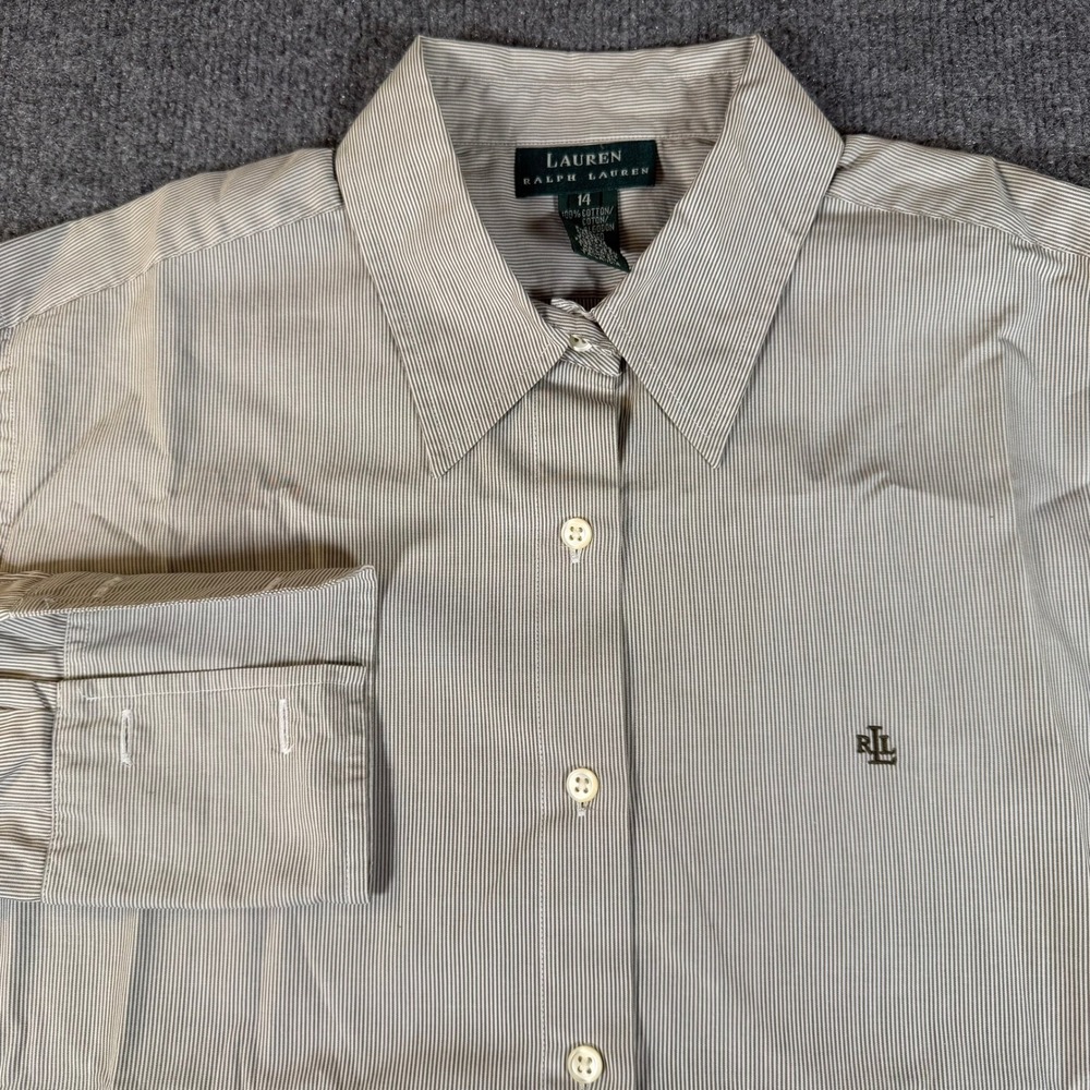 Lauren Ralph Lauren Men Tan White Striped Cotton Button Down Shirt Size 14 #3798